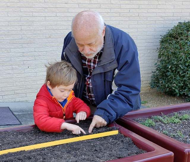 grandfather gardening with grandson
