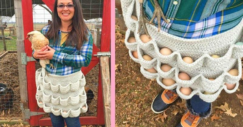 woman wearing crochet egg apron
