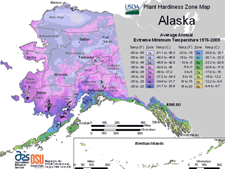 USDA hardiness zone map for Alaska